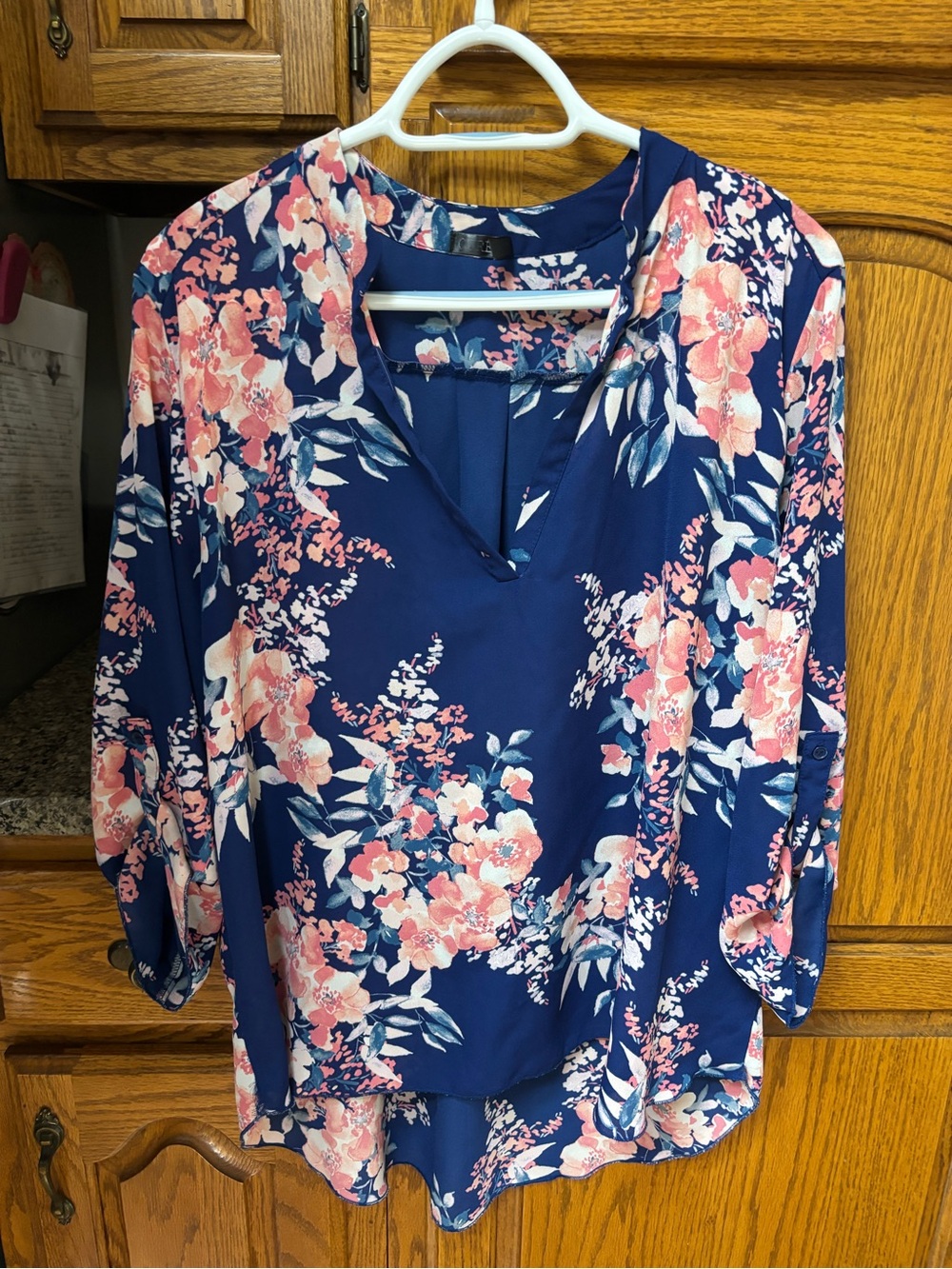Navy Floral Split-Neck Blouse with Pink Blooms